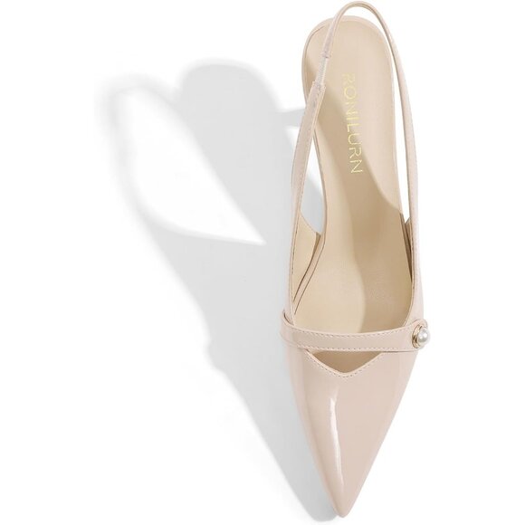 Women's Nude Kitten Slingback Low Heel Pumps Closed Pointed Toe Dress Shoes - Picture 7 of 8